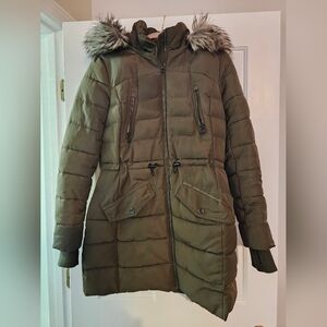 Michael Kors Olive Puffer Coat with Faux Fur Trim
